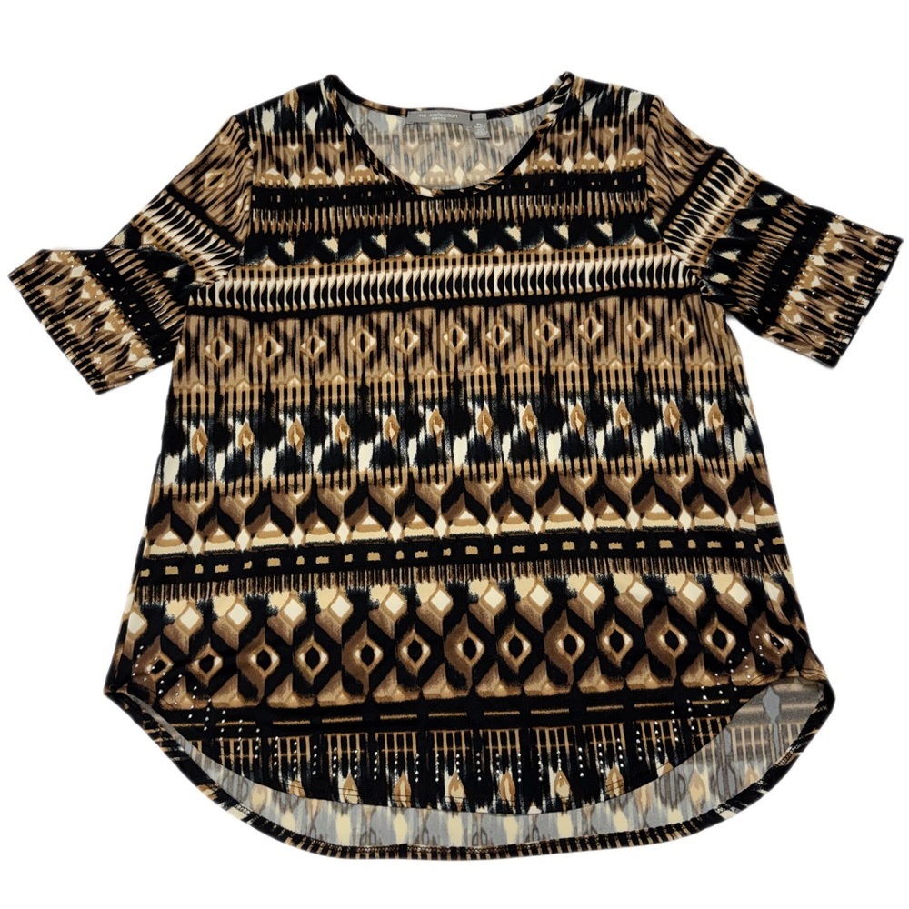 NY Collection Bohemian Print Blouse - Black and Tan Size Petite Large
